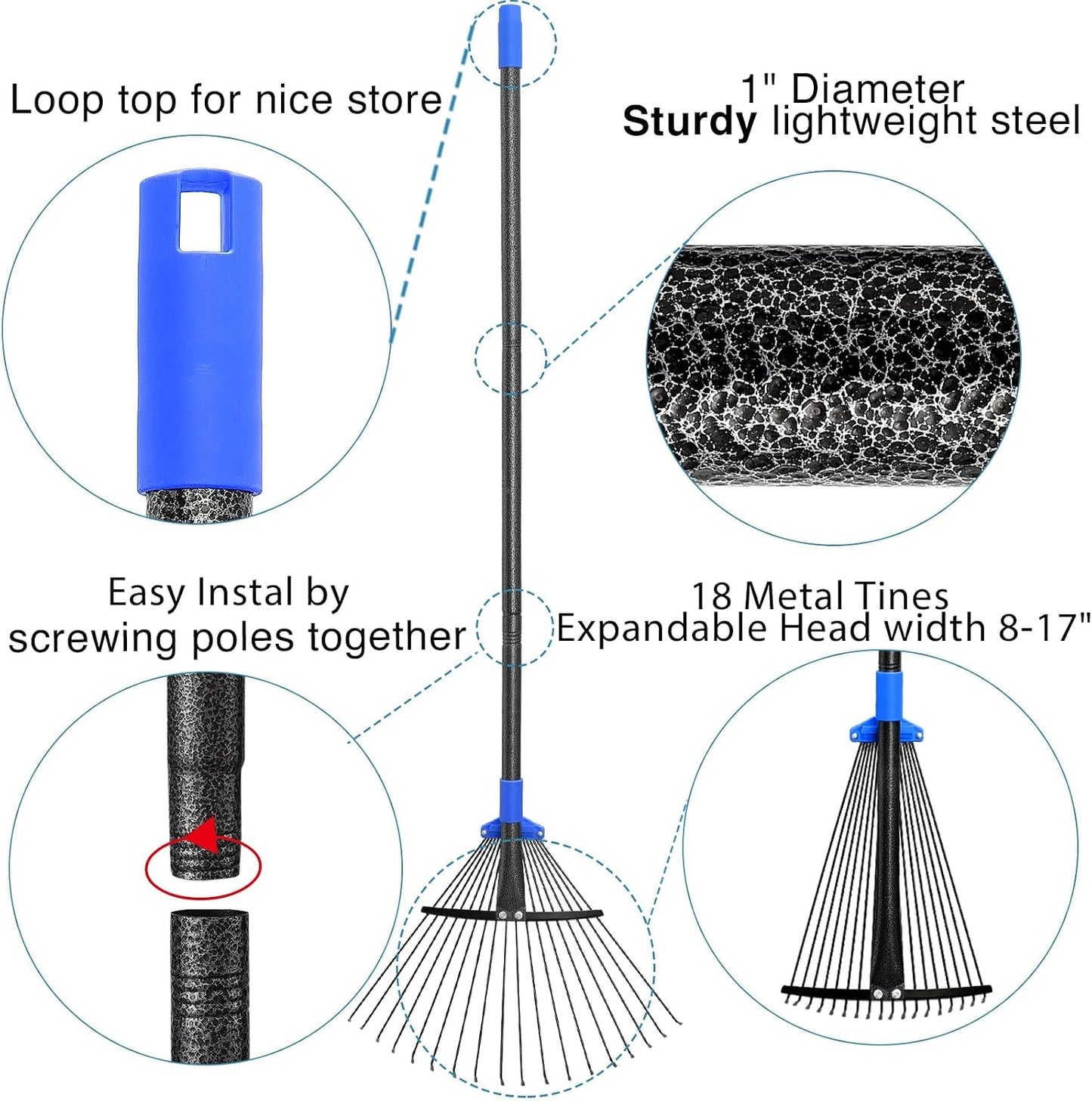 Adjustable Garden Leaf Rake 56 inch, Collapsible Metal Yard Rake for Leaves with Expandable Head 7-16", Collect Loose Debris for Lawns Camping Shrubs and Rose Bushes Heavy Duty