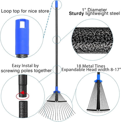 Adjustable Garden Leaf Rake 56 inch, Collapsible Metal Yard Rake for Leaves with Expandable Head 7-16", Collect Loose Debris for Lawns Camping Shrubs and Rose Bushes Heavy Duty