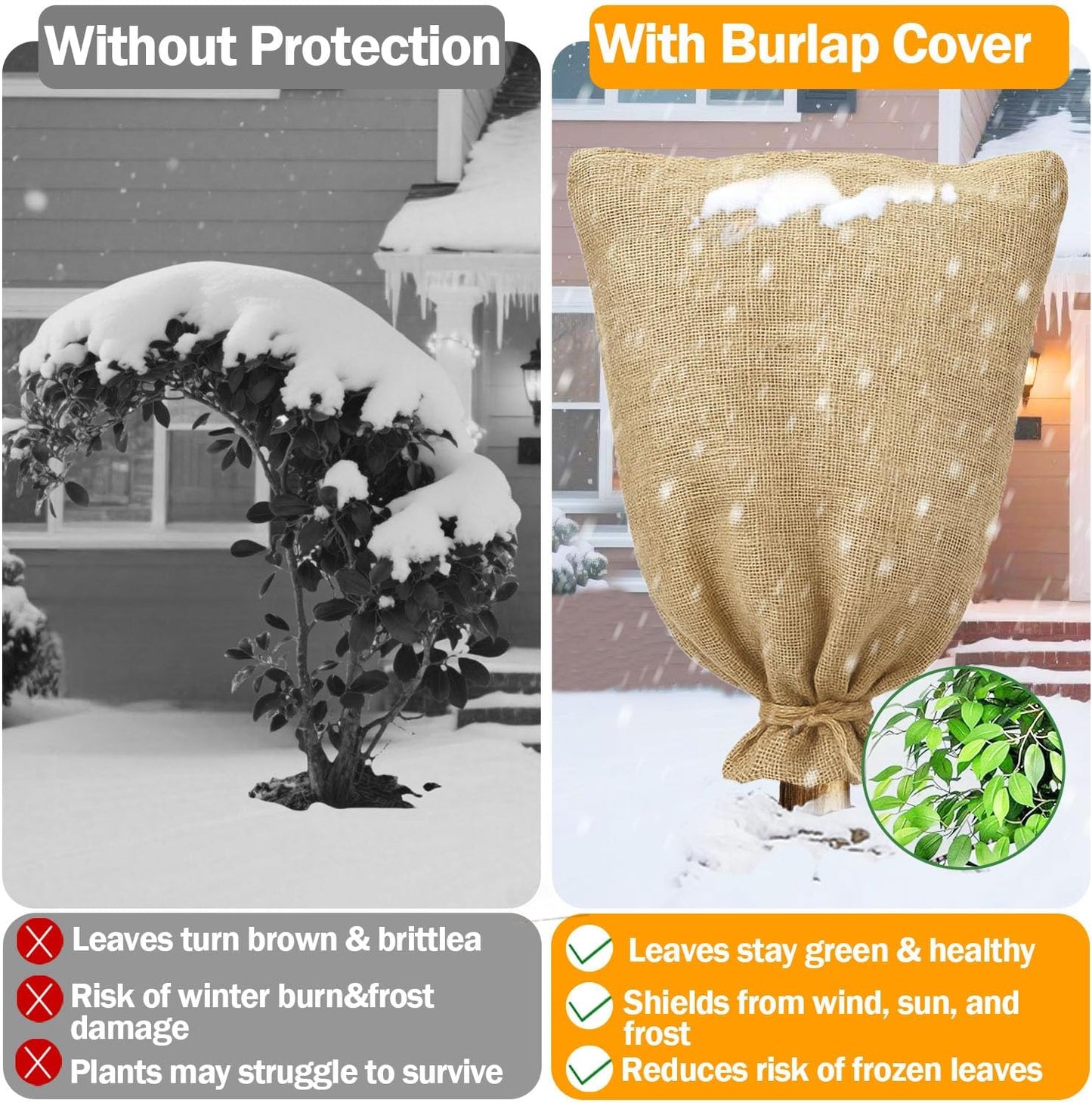 3-Pack Burlap Fabric Plant Bags - 24 X 40 Inch Winter Plant Cover Freeze Protection, Reusable Burlap Sacks Plant Frost Cloth for Outdoor Plants, Cold Weather Tree Wrap for Trees, Bushes & Garden