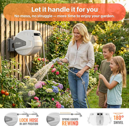 Retractable Rubber Hybrid Garden Hose Reel, 5/8"x100ft Wall Mount