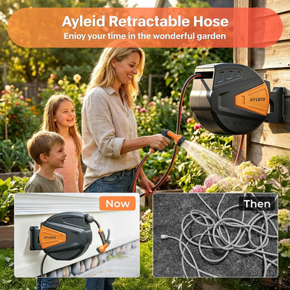 Retractable Rubber Hybrid Garden Hose Reel, 5/8"x100ft Wall Mount