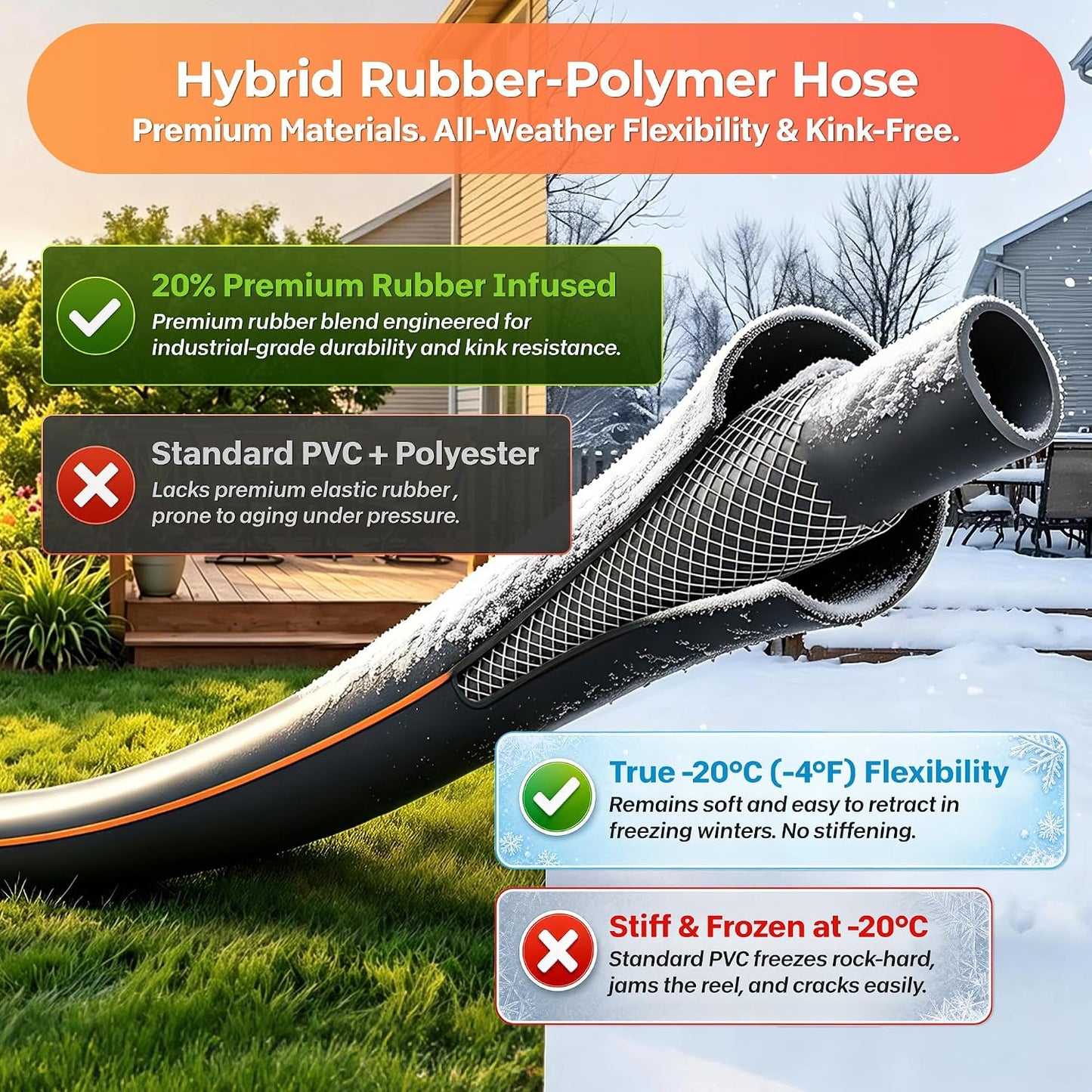 Retractable Rubber Hybrid Garden Hose Reel, 5/8"x100ft Wall Mount