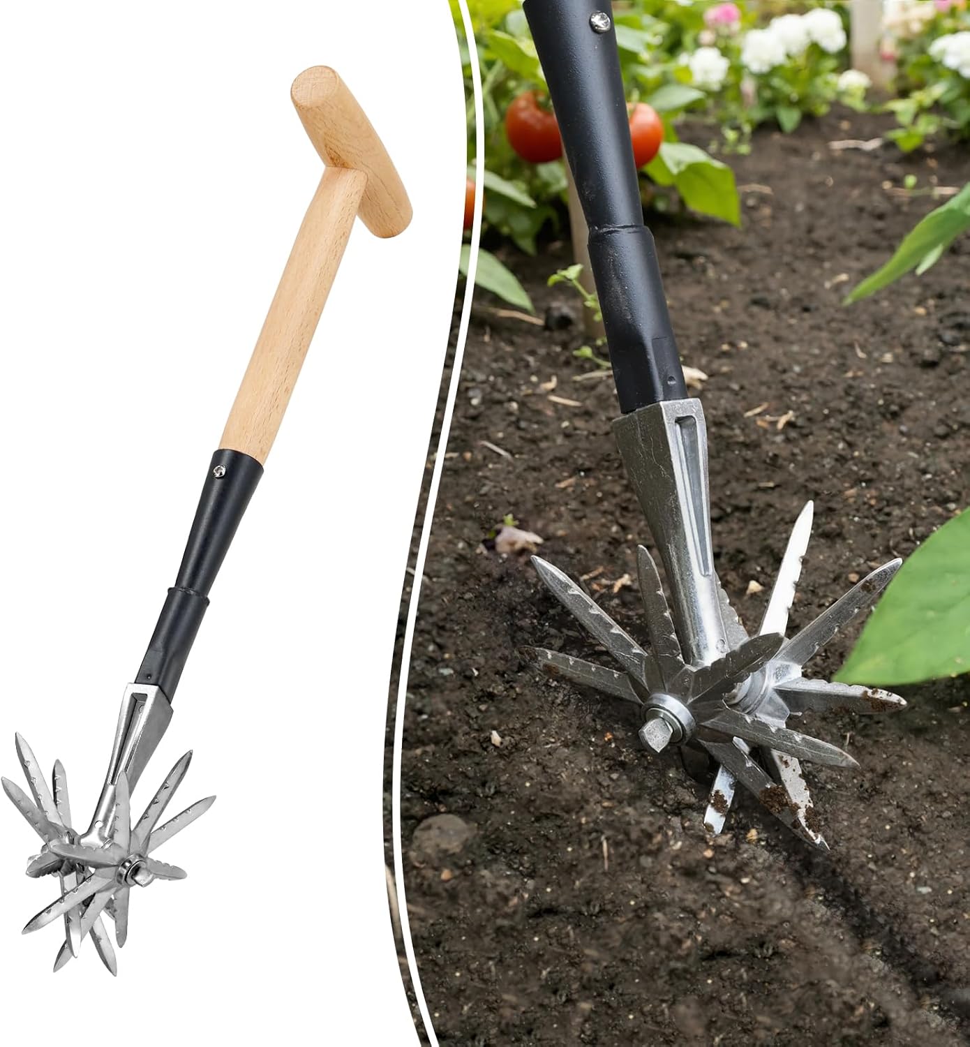 Manual Rotary Cultivator, Single-Tine Aluminum Cultivators for Gardening, Garden Hand Tiller Manual with Ergo Wooden t-Handle, Hand Held Cultivator Tool For Flower Beds Cultivate, Aerate, Weed