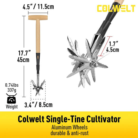 Manual Rotary Cultivator, Single-Tine Aluminum Cultivators for Gardening, Garden Hand Tiller Manual with Ergo Wooden t-Handle, Hand Held Cultivator Tool For Flower Beds Cultivate, Aerate, Weed
