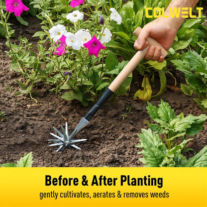Manual Rotary Cultivator, Single-Tine Aluminum Cultivators for Gardening, Garden Hand Tiller Manual with Ergo Wooden t-Handle, Hand Held Cultivator Tool For Flower Beds Cultivate, Aerate, Weed