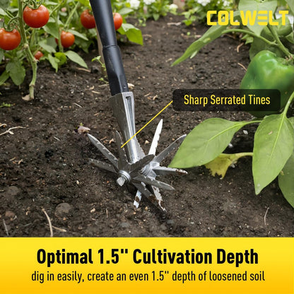 Manual Rotary Cultivator, Single-Tine Aluminum Cultivators for Gardening, Garden Hand Tiller Manual with Ergo Wooden t-Handle, Hand Held Cultivator Tool For Flower Beds Cultivate, Aerate, Weed