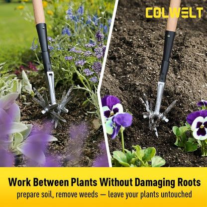 Manual Rotary Cultivator, Single-Tine Aluminum Cultivators for Gardening, Garden Hand Tiller Manual with Ergo Wooden t-Handle, Hand Held Cultivator Tool For Flower Beds Cultivate, Aerate, Weed