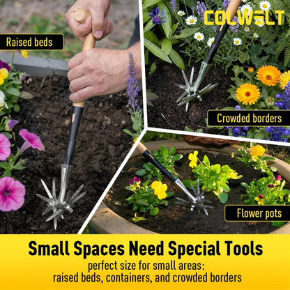 Manual Rotary Cultivator, Single-Tine Aluminum Cultivators for Gardening, Garden Hand Tiller Manual with Ergo Wooden t-Handle, Hand Held Cultivator Tool For Flower Beds Cultivate, Aerate, Weed