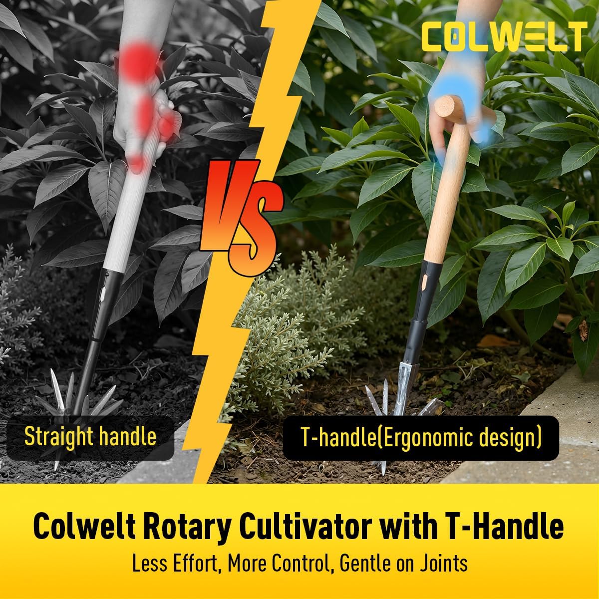 Manual Rotary Cultivator, Single-Tine Aluminum Cultivators for Gardening, Garden Hand Tiller Manual with Ergo Wooden t-Handle, Hand Held Cultivator Tool For Flower Beds Cultivate, Aerate, Weed