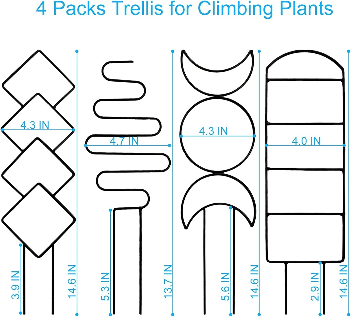 4 Packs Trellis for Climbing Plants Indoor, Small Garden Metal Trellis for Potted Plants Outdoor for Vine Ivy Flower Plant Support, 4 Different Black Iron Patterns