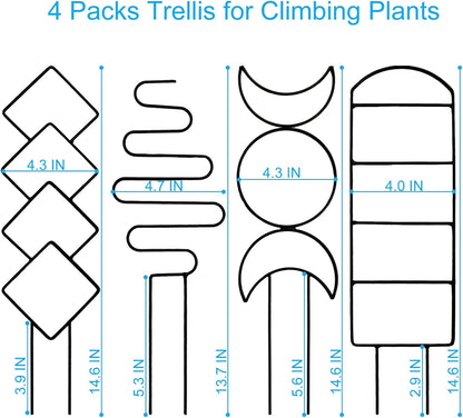 4 Packs Trellis for Climbing Plants Indoor, Small Garden Metal Trellis for Potted Plants Outdoor for Vine Ivy Flower Plant Support, 4 Different Black Iron Patterns