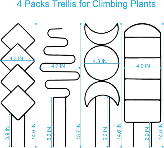 4 Packs Trellis for Climbing Plants Indoor, Small Garden Metal Trellis for Potted Plants Outdoor for Vine Ivy Flower Plant Support, 4 Different Black Iron Patterns
