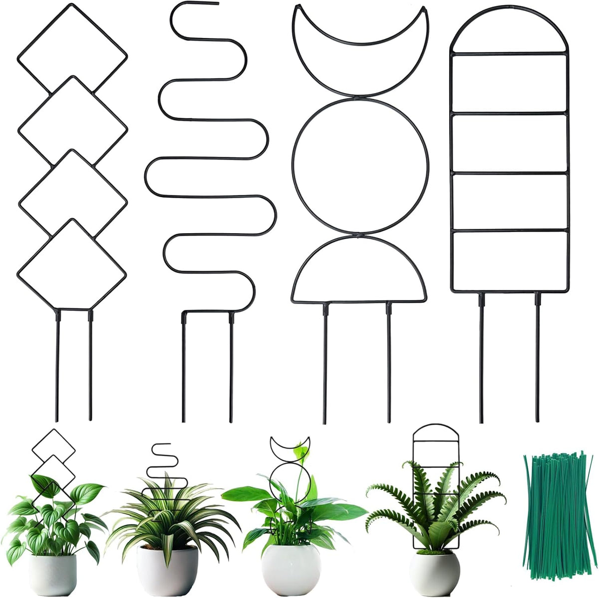 4 Packs Trellis for Climbing Plants Indoor, Small Garden Metal Trellis for Potted Plants Outdoor for Vine Ivy Flower Plant Support, 4 Different Black Iron Patterns