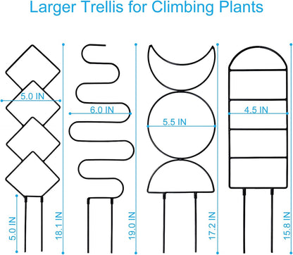 4 Packs Trellis for Climbing Plants Indoor, Small Garden Metal Trellis for Potted Plants Outdoor for Vine Ivy Flower Plant Support, 4 Different Black Iron Patterns