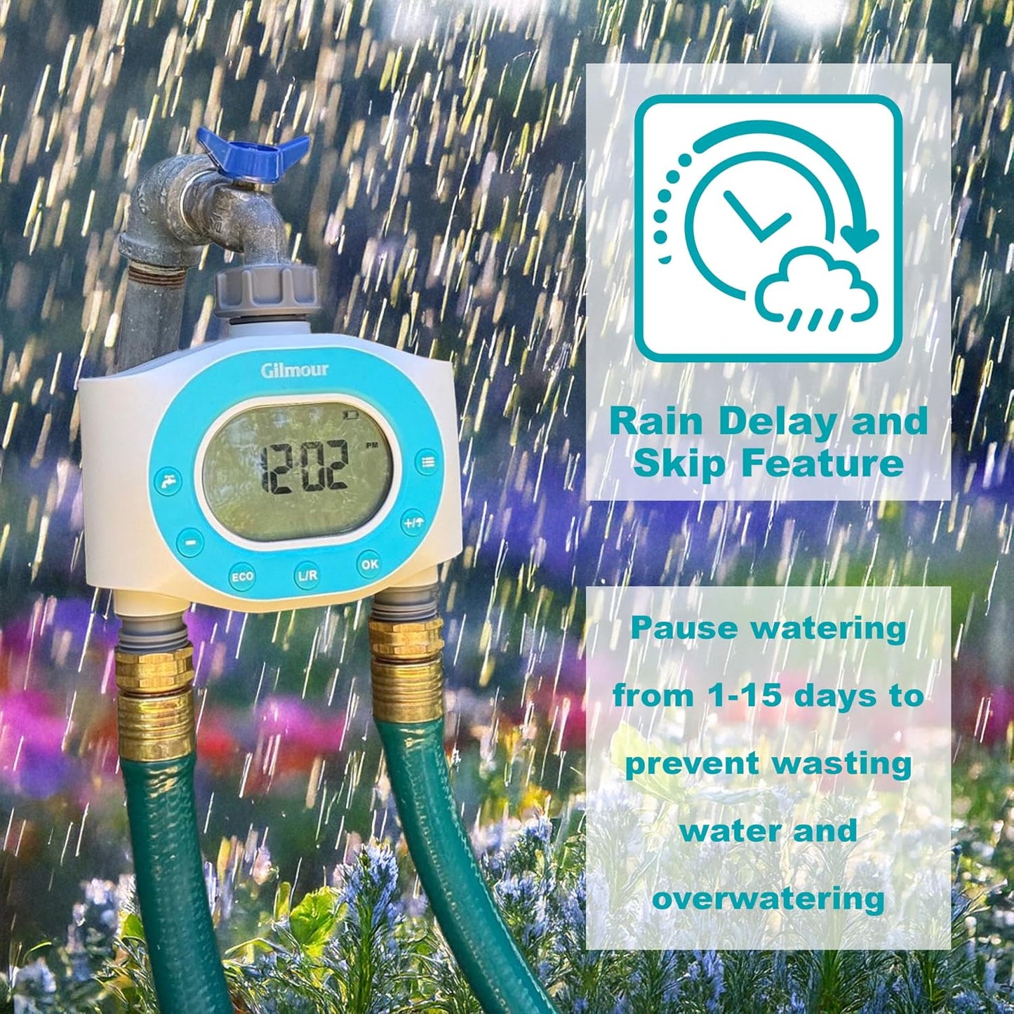 Dual Outlet Water Timer for Garden Hose, Programmable Automatic Watering System, LCD Screen, Rain Delay, Battery Operated