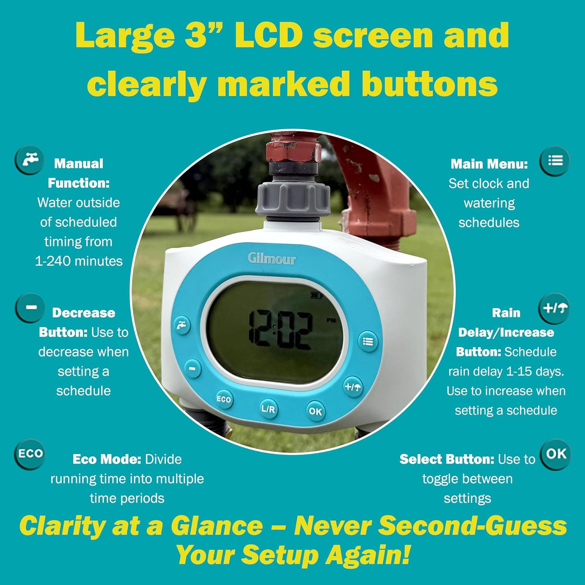 Dual Outlet Water Timer for Garden Hose, Programmable Automatic Watering System, LCD Screen, Rain Delay, Battery Operated