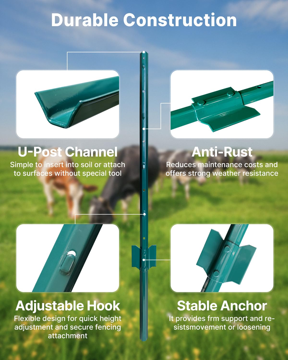 Fence Posts 4 Feet, 10-Pack, Heavy Duty U Post, Metal Fence Post
