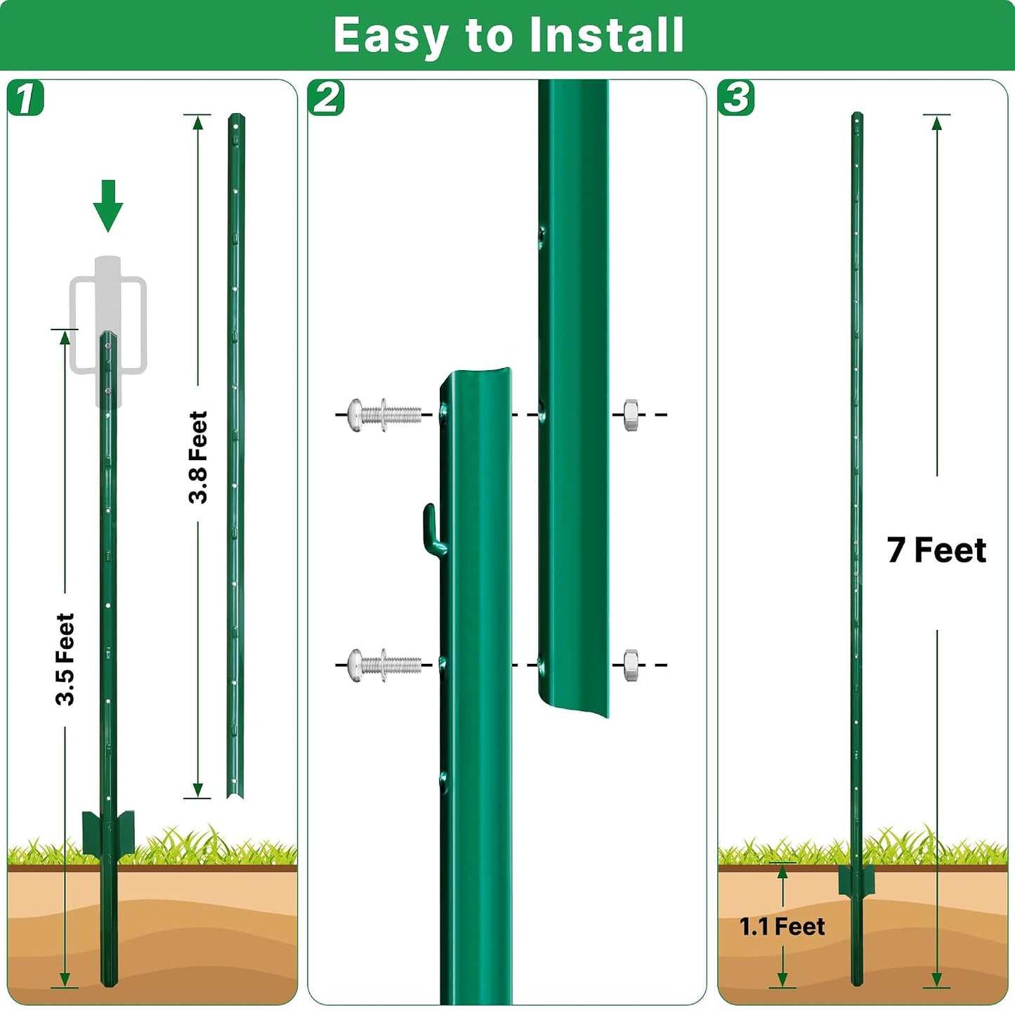 Fence Posts 4 Feet, 10-Pack, Heavy Duty U Post, Metal Fence Post