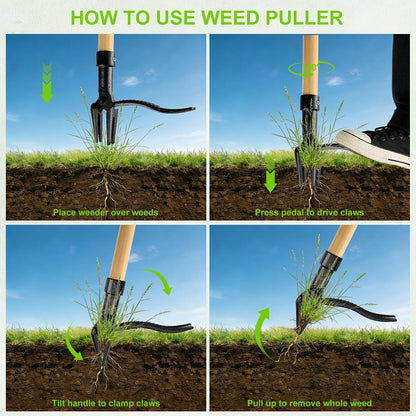 Stand Up Weed Puller Tool with Heavy Duty 4-Claw Steel Head