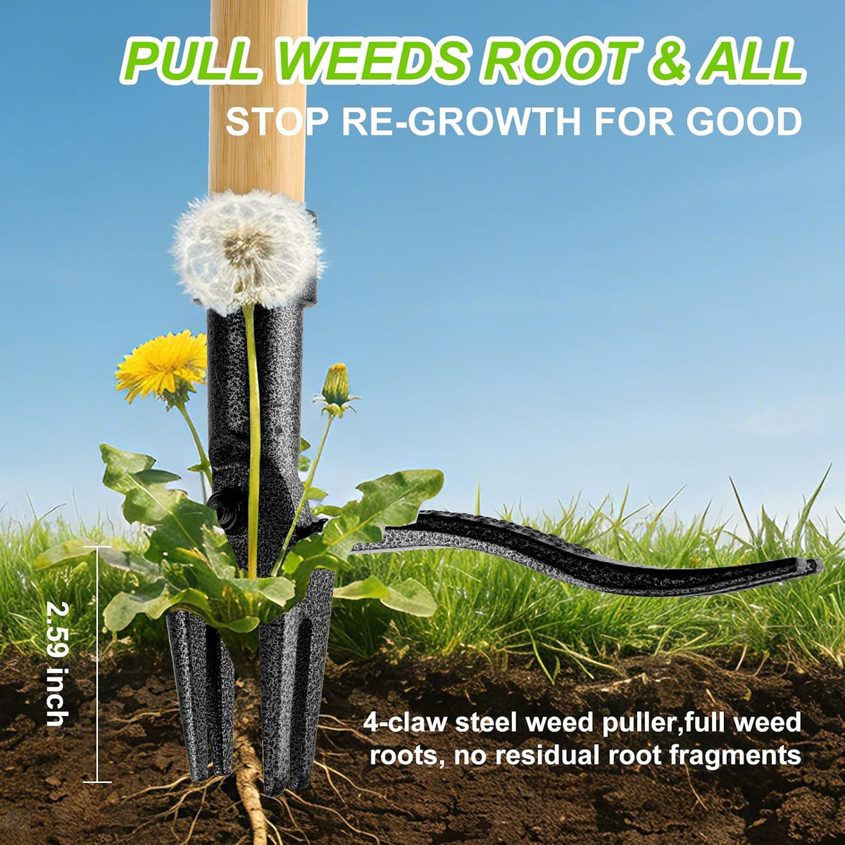 Stand Up Weed Puller Tool with Heavy Duty 4-Claw Steel Head