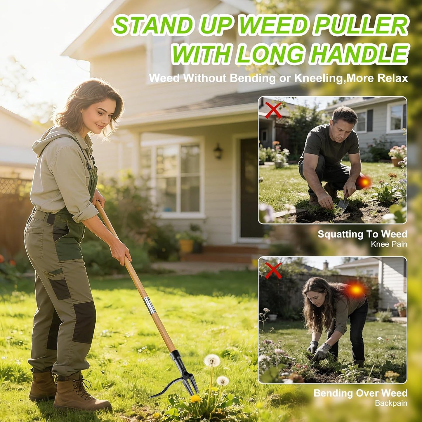 Stand Up Weed Puller Tool with Heavy Duty 4-Claw Steel Head