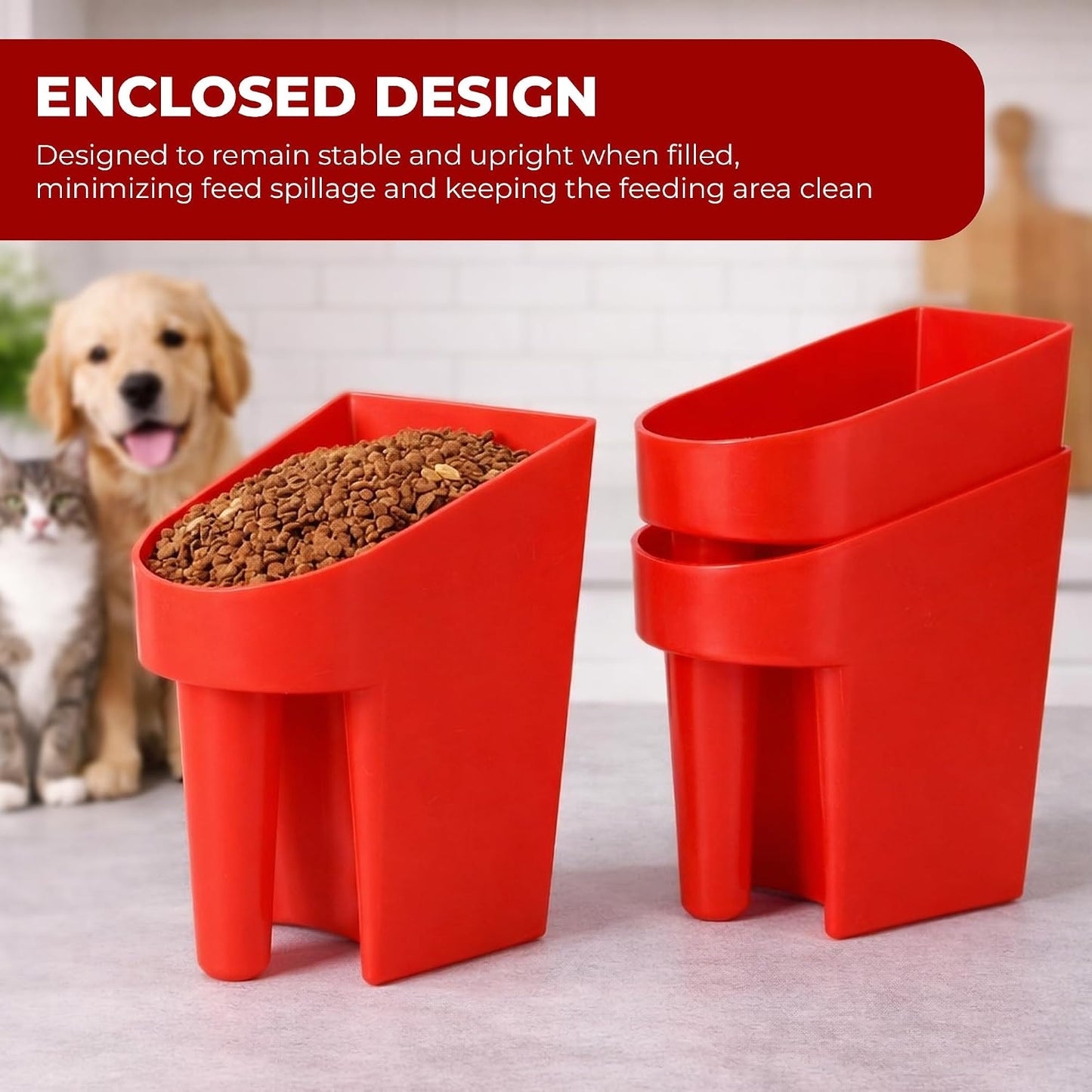 3 Quart Enclosed Feed Scoop Livestock – 2 Pack Stackable Pet Food Red Scoops, Durable Super Heavy-Duty Plastic Grain Scooper for Dog, Cat Litter, Flour, Rice, Chicken, Garden Soil, Barn, Ranchers Farm