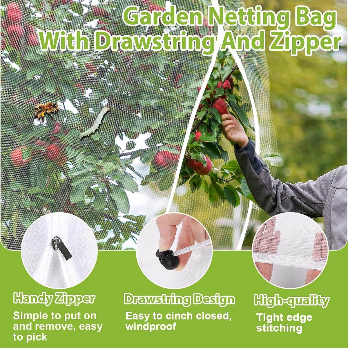 2 Pack Large Fruit Tree Netting, 8X8FT Garden Net, Zipper, Drawstring