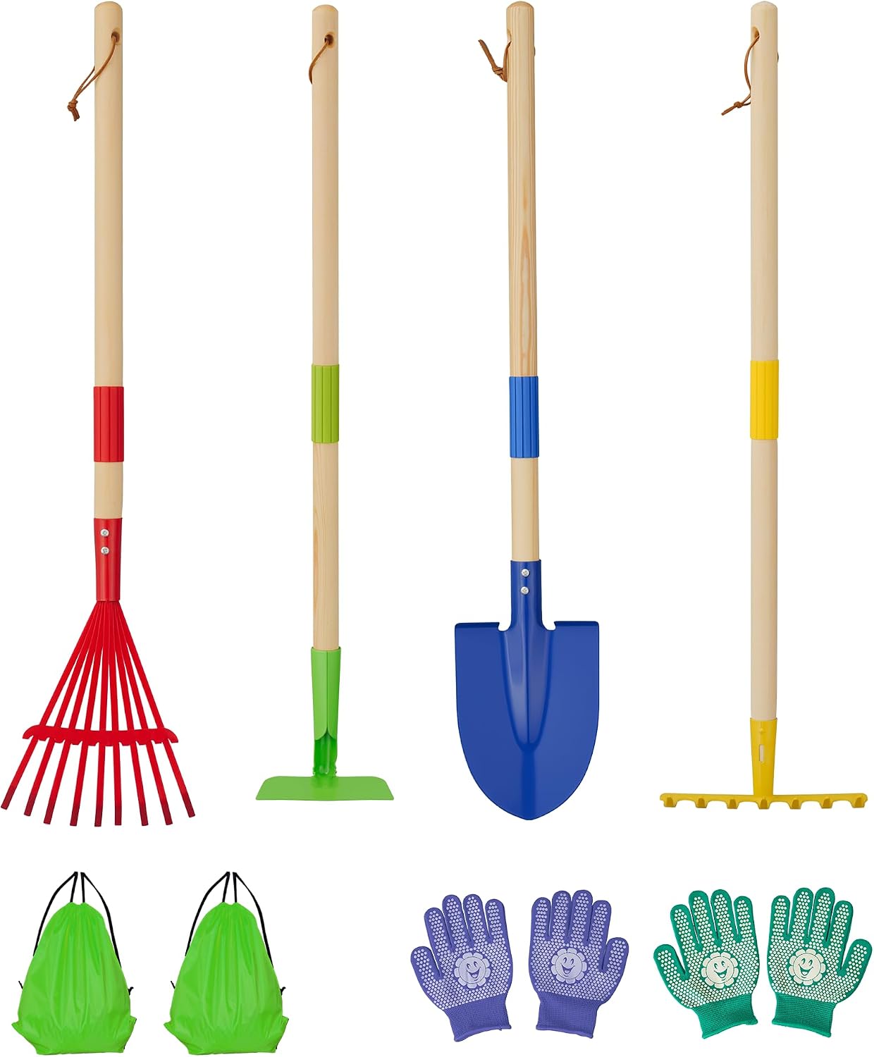 4-Piece Garden Tool Set with Shovel, Rake, Hoe, Leaf Rake - 2 Pairs of Gloves & 2 Storage Bags, Wooden Gardening Tools for Yard & Lawn Care