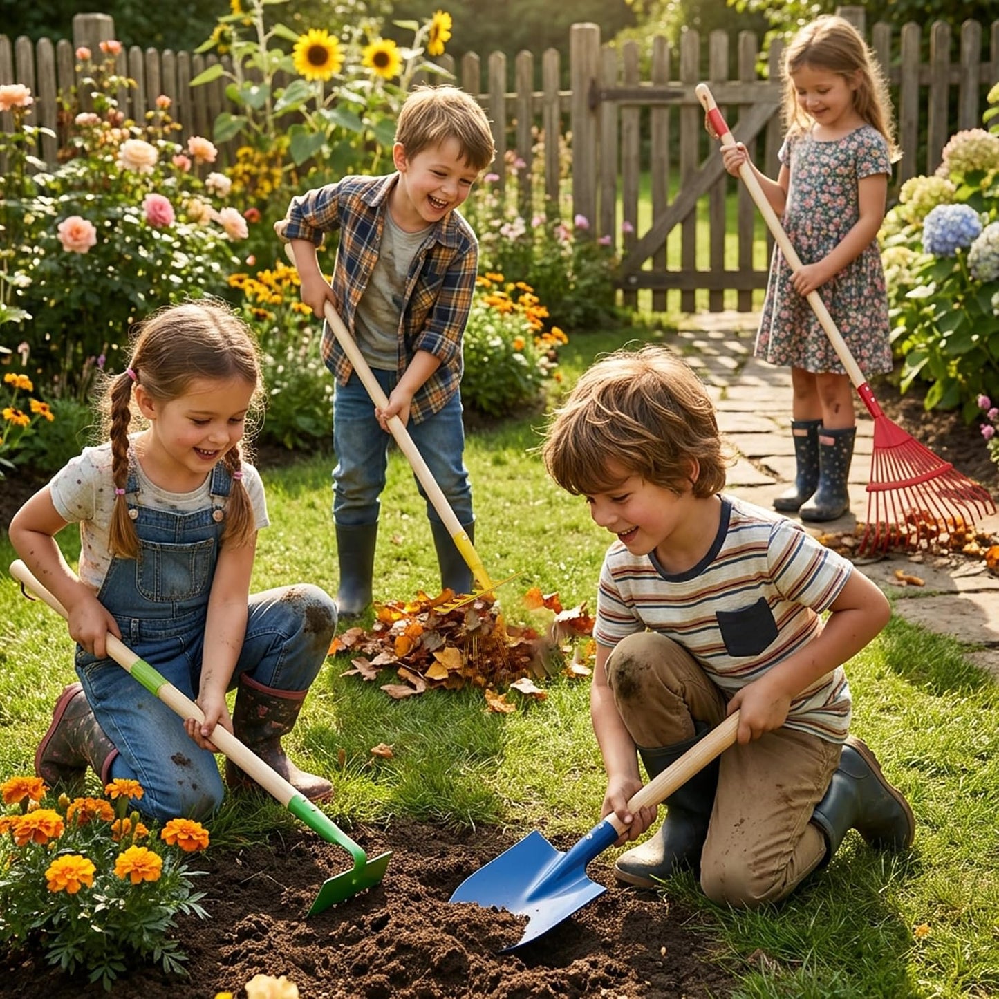 4-Piece Garden Tool Set with Shovel, Rake, Hoe, Leaf Rake - 2 Pairs of Gloves & 2 Storage Bags, Wooden Gardening Tools for Yard & Lawn Care