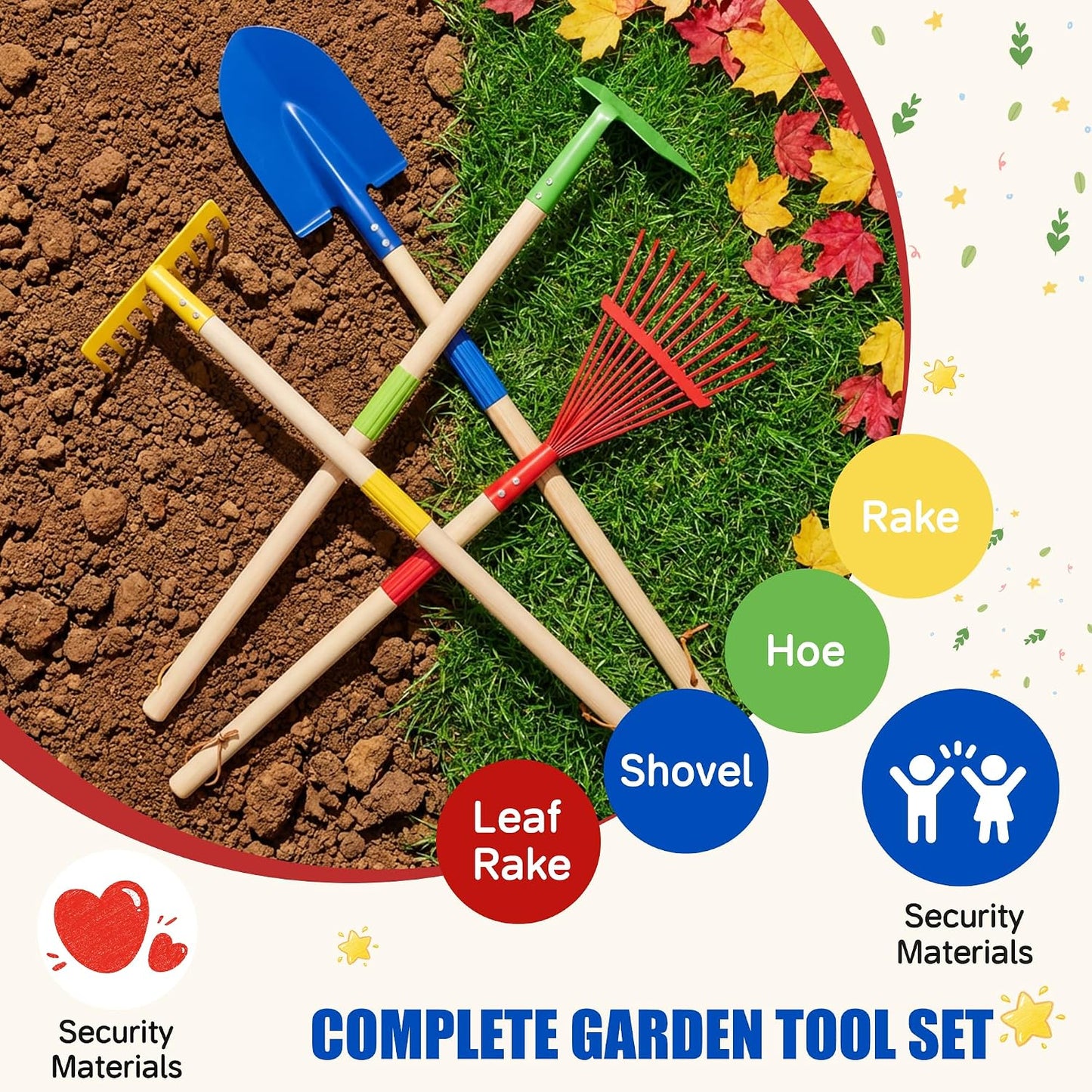 4-Piece Garden Tool Set with Shovel, Rake, Hoe, Leaf Rake - 2 Pairs of Gloves & 2 Storage Bags, Wooden Gardening Tools for Yard & Lawn Care