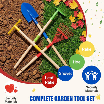 4-Piece Garden Tool Set with Shovel, Rake, Hoe, Leaf Rake - 2 Pairs of Gloves & 2 Storage Bags, Wooden Gardening Tools for Yard & Lawn Care