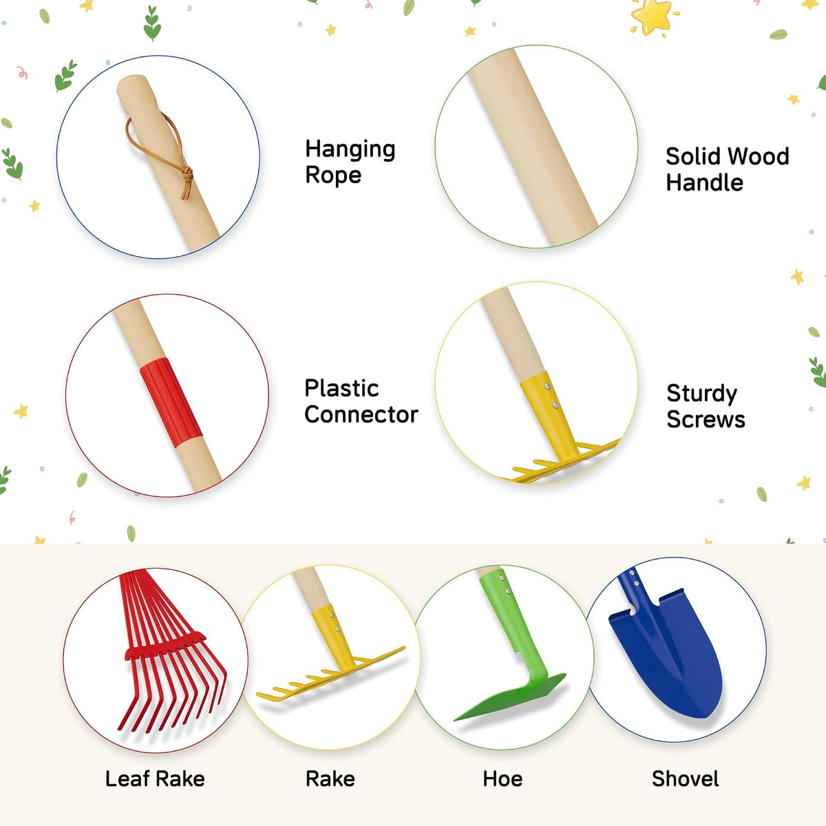 4-Piece Garden Tool Set with Shovel, Rake, Hoe, Leaf Rake - 2 Pairs of Gloves & 2 Storage Bags, Wooden Gardening Tools for Yard & Lawn Care