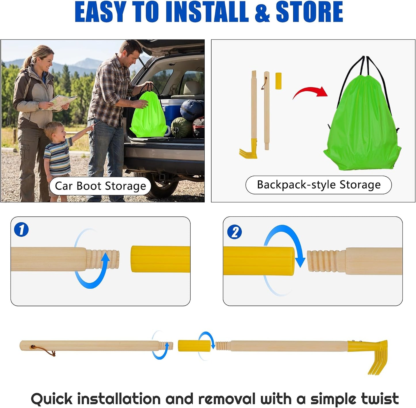 4-Piece Garden Tool Set with Shovel, Rake, Hoe, Leaf Rake - 2 Pairs of Gloves & 2 Storage Bags, Wooden Gardening Tools for Yard & Lawn Care