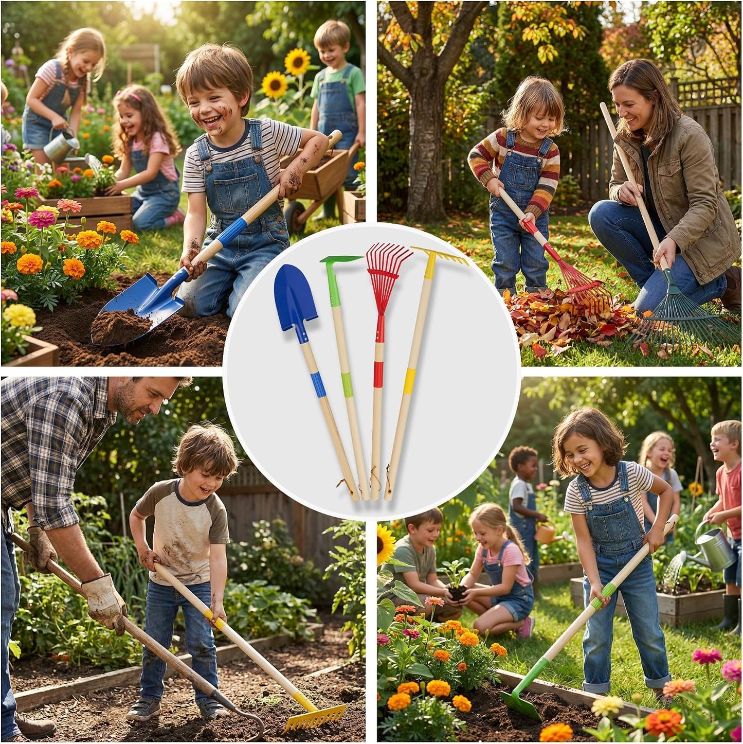 4-Piece Garden Tool Set with Shovel, Rake, Hoe, Leaf Rake - 2 Pairs of Gloves & 2 Storage Bags, Wooden Gardening Tools for Yard & Lawn Care