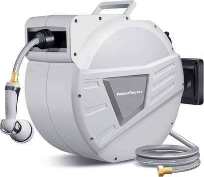 Garden Hose Reel Retractable 1/2 Inch x 100 ft, Wall Mounted with 10 Pattern Nozzle, Slow Return System and 180 Swivel, Gray