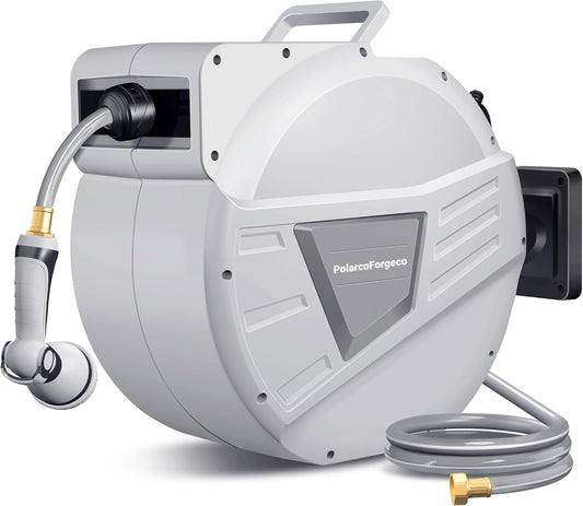 Garden Hose Reel Retractable 1/2 Inch x 100 ft, Wall Mounted with 10 Pattern Nozzle, Slow Return System and 180 Swivel, Gray