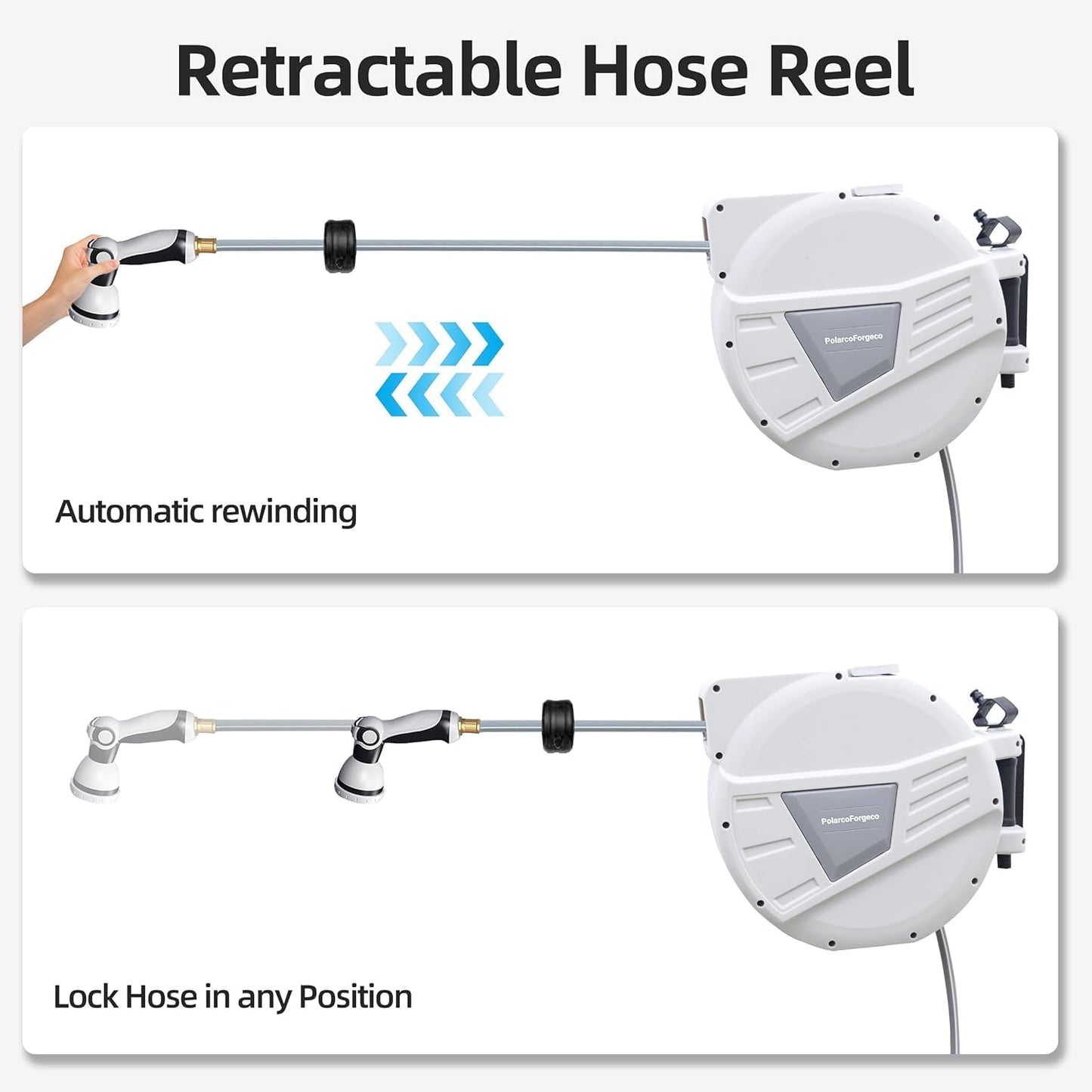 Garden Hose Reel Retractable 1/2 Inch x 100 ft, Wall Mounted with 10 Pattern Nozzle, Slow Return System and 180 Swivel, Gray