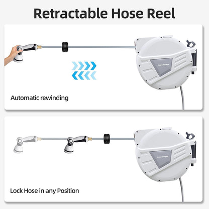 Garden Hose Reel Retractable 1/2 Inch x 100 ft, Wall Mounted with 10 Pattern Nozzle, Slow Return System and 180 Swivel, Gray
