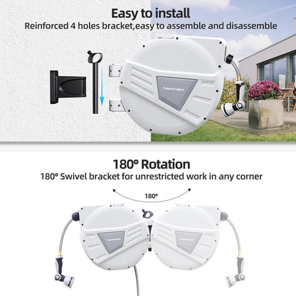 Garden Hose Reel Retractable 1/2 Inch x 100 ft, Wall Mounted with 10 Pattern Nozzle, Slow Return System and 180 Swivel, Gray