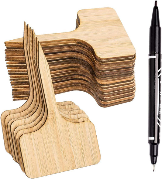 30Pcs Wood Plant Labels with A Marker Pen, T-Type Wooden Plant Marker Garden Sign Tags Garden Markers for Seed Potted Herbs Flowers Vegetables, 2.4 x 3.9 Inch