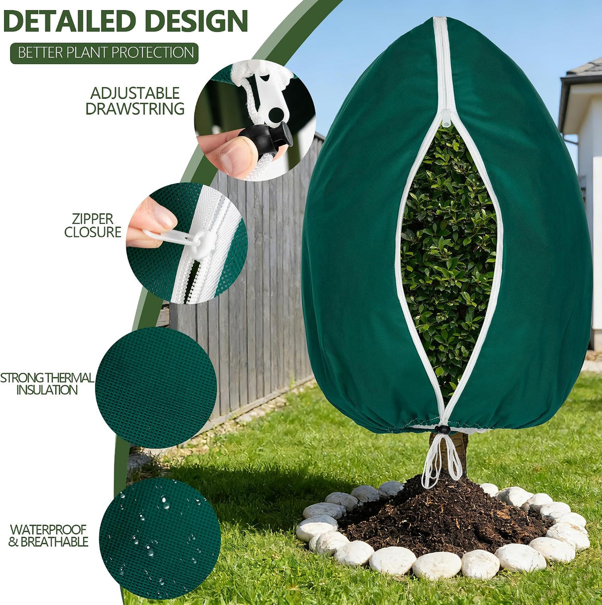 Plant Covers Freeze Protection, 2 Pack Frost Cloth with Zipper Drawstring 47’’×71’’, Reusable Outdoor Protection Jacket for Shrub Tree Potted Plants Winter Cold Weather(Green)