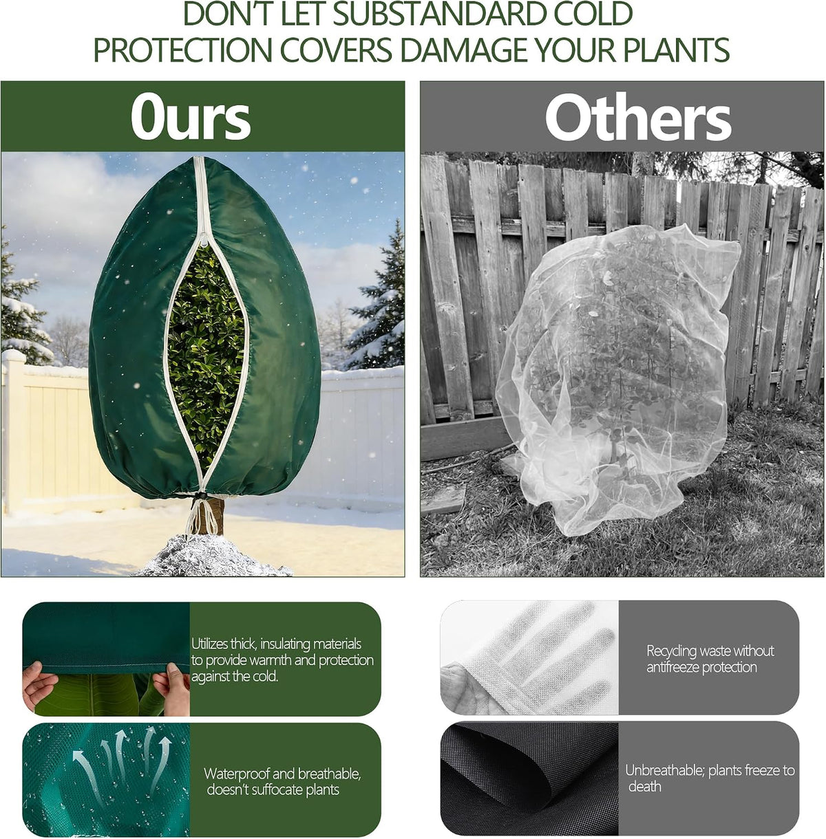 Plant Covers Freeze Protection, 2 Pack Frost Cloth with Zipper Drawstring 47’’×71’’, Reusable Outdoor Protection Jacket for Shrub Tree Potted Plants Winter Cold Weather(Green)
