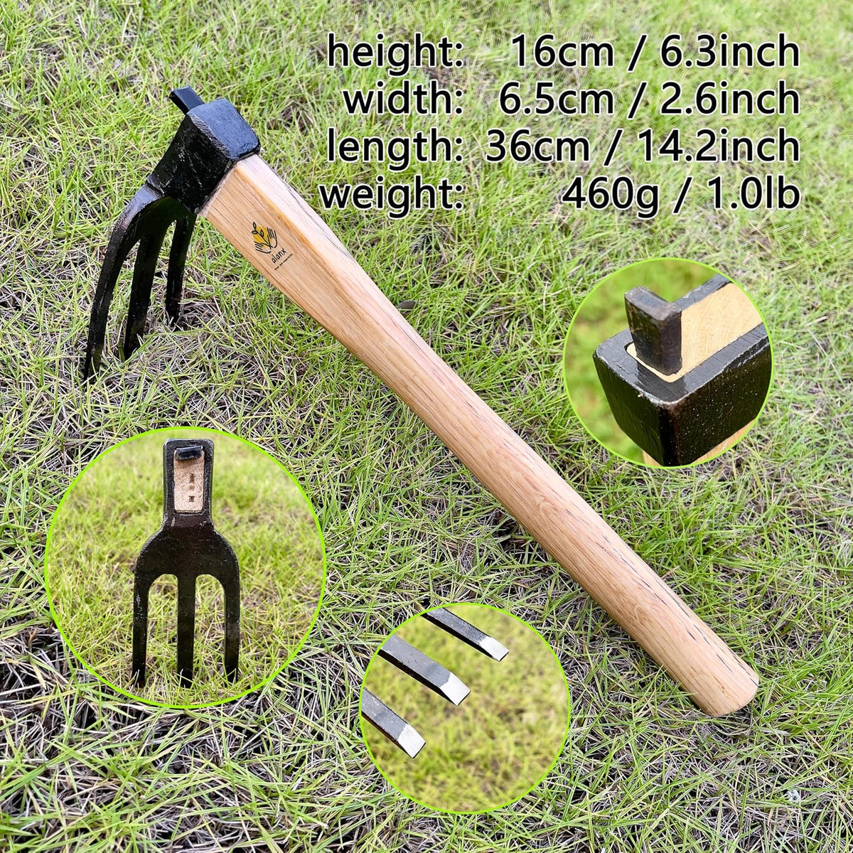 14 inch Japanese Hand Tiller/Rake for Garden, 3-tines Cultivator, Without Welding, Oak Handle, for Digging, Soil Preparation, Chopping Through Roots and Hard Soil and Other Gardening tasks
