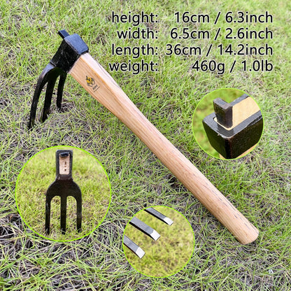 14 inch Japanese Hand Tiller/Rake for Garden, 3-tines Cultivator, Without Welding, Oak Handle, for Digging, Soil Preparation, Chopping Through Roots and Hard Soil and Other Gardening tasks