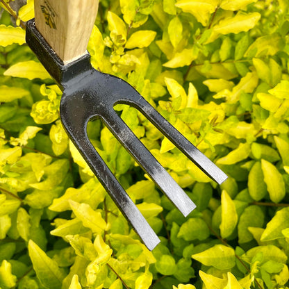 14 inch Japanese Hand Tiller/Rake for Garden, 3-tines Cultivator, Without Welding, Oak Handle, for Digging, Soil Preparation, Chopping Through Roots and Hard Soil and Other Gardening tasks