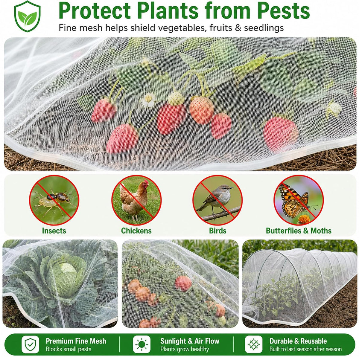 Garden Netting 10 x 5 FT - 60 Mesh Plant Cover for Raised Beds