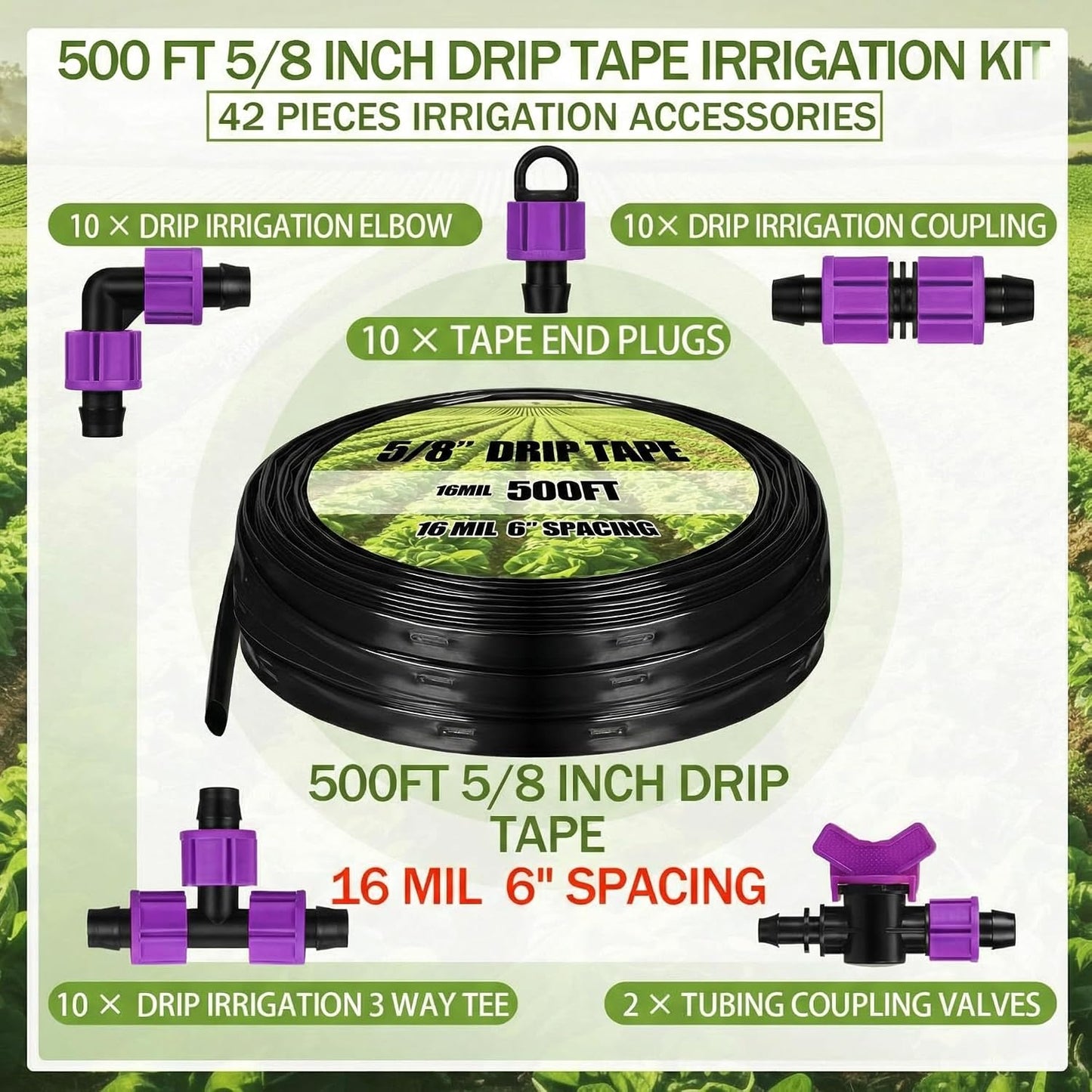 500' 5/8 Inch Drip Tape Irrigation Tubing Kit 16 Mil 6" Spacing Garden Hose Watering Tube Line Automatic Equipment for Garden Irrigation System Farms, Landscape, Lawn