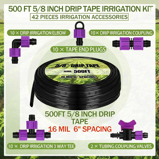 500' 5/8 Inch Drip Tape Irrigation Tubing Kit 16 Mil 6" Spacing Garden Hose Watering Tube Line Automatic Equipment for Garden Irrigation System Farms, Landscape, Lawn