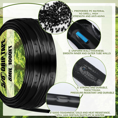 500' 5/8 Inch Drip Tape Irrigation Tubing Kit 16 Mil 6" Spacing Garden Hose Watering Tube Line Automatic Equipment for Garden Irrigation System Farms, Landscape, Lawn