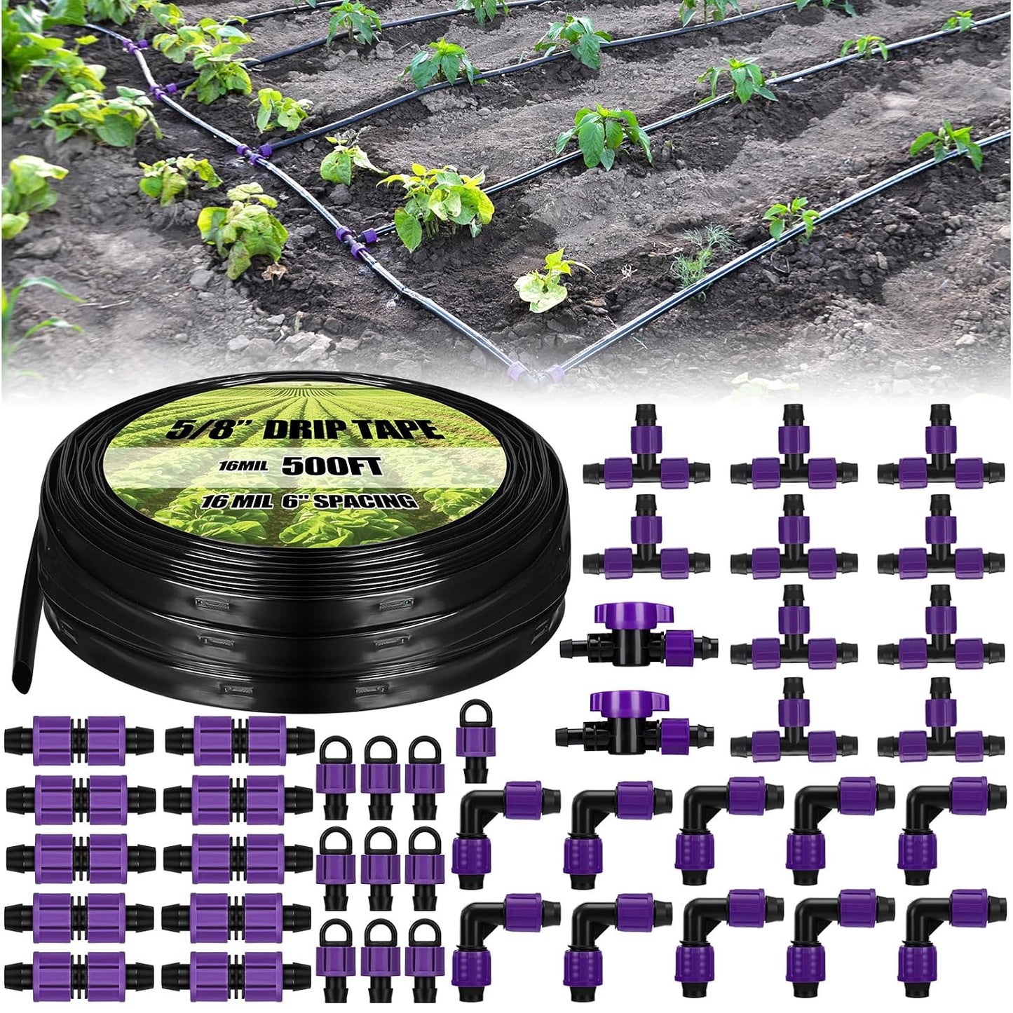 500' 5/8 Inch Drip Tape Irrigation Tubing Kit 16 Mil 6" Spacing Garden Hose Watering Tube Line Automatic Equipment for Garden Irrigation System Farms, Landscape, Lawn